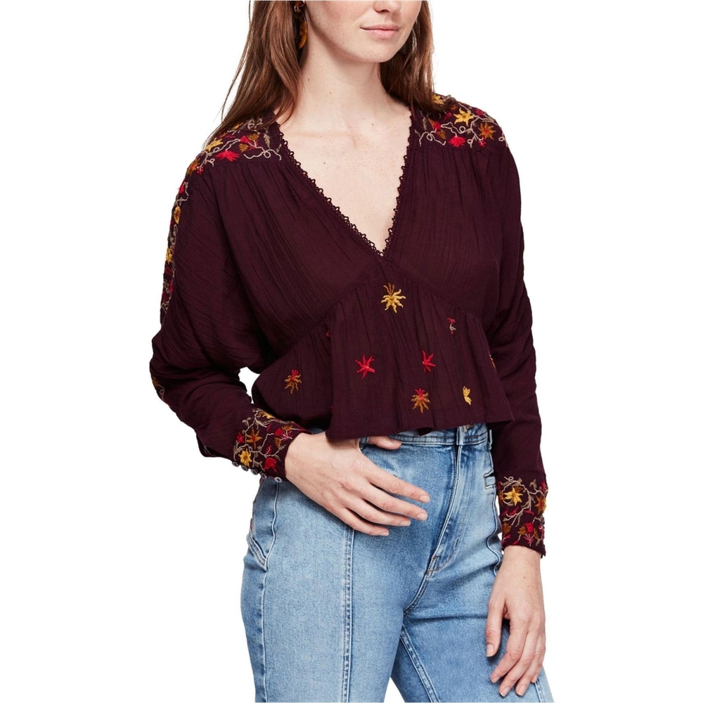 Free People Ava pullover embroidered purple floral v neck blouse